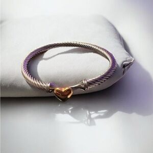Simple Silver-Tone Twist Bracelet with Gold Heart